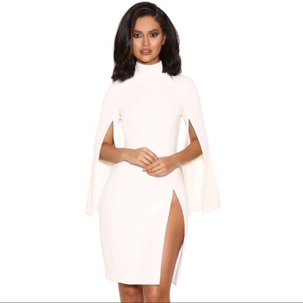 House Of CB Kristiana White Cape Sleeve MockNeck Dress Size Medium FLAWS